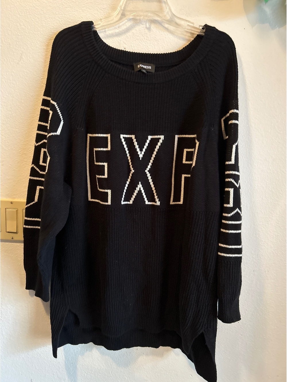 Express Black Ribbed Knit Sweater with Logo Detailing Size L